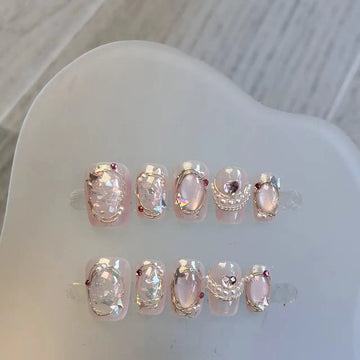 Qfdian 10Pcs New Shiny Handmade Press On Nails Short Ballet False Nails Full Cover Cat Eye Glitter Design Manicure Wearable Nail Tips